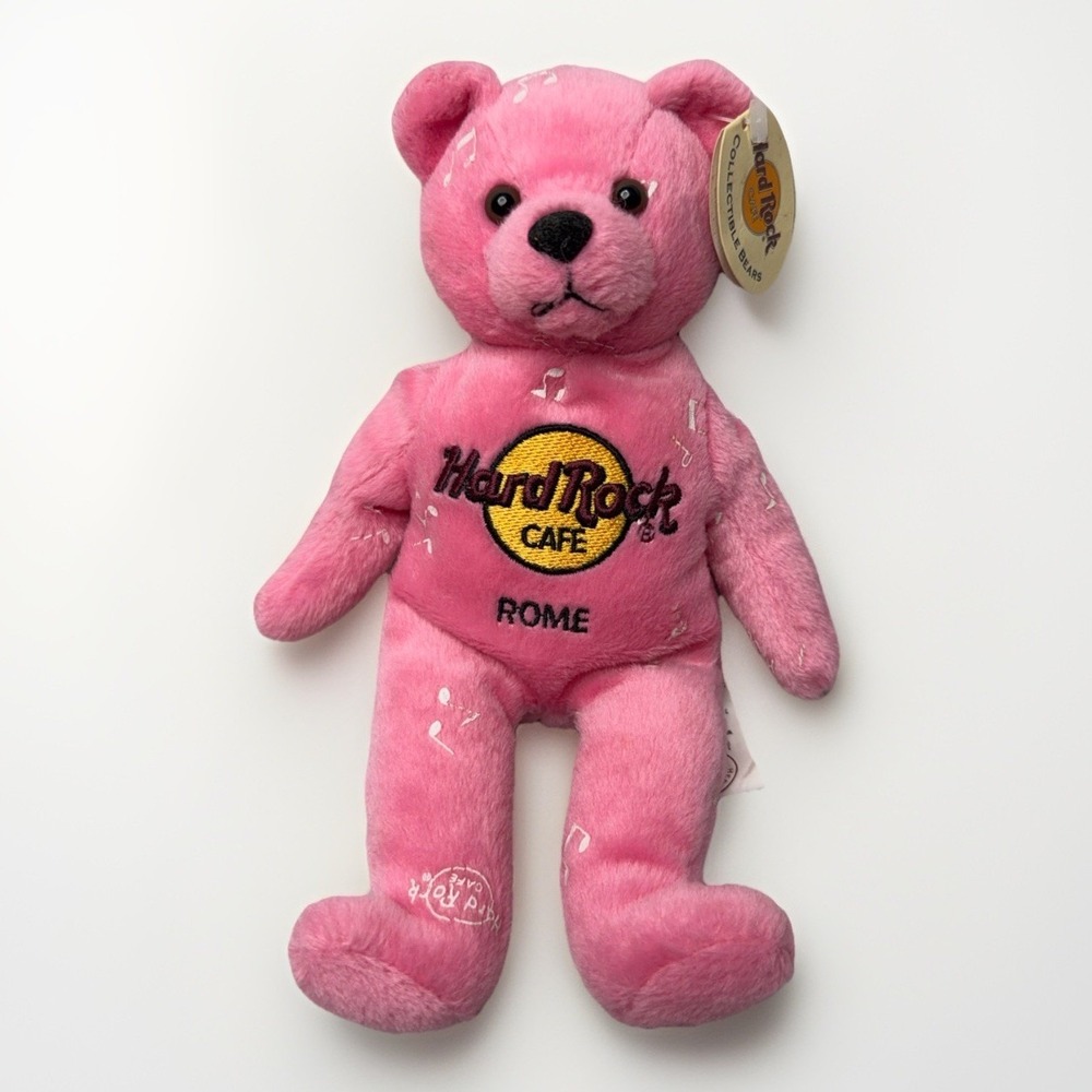 Vintage Hard Rock Cafe Teddy Bear Rome 2002 Pink Plush 8" Stuffed Y2k Toy Doll